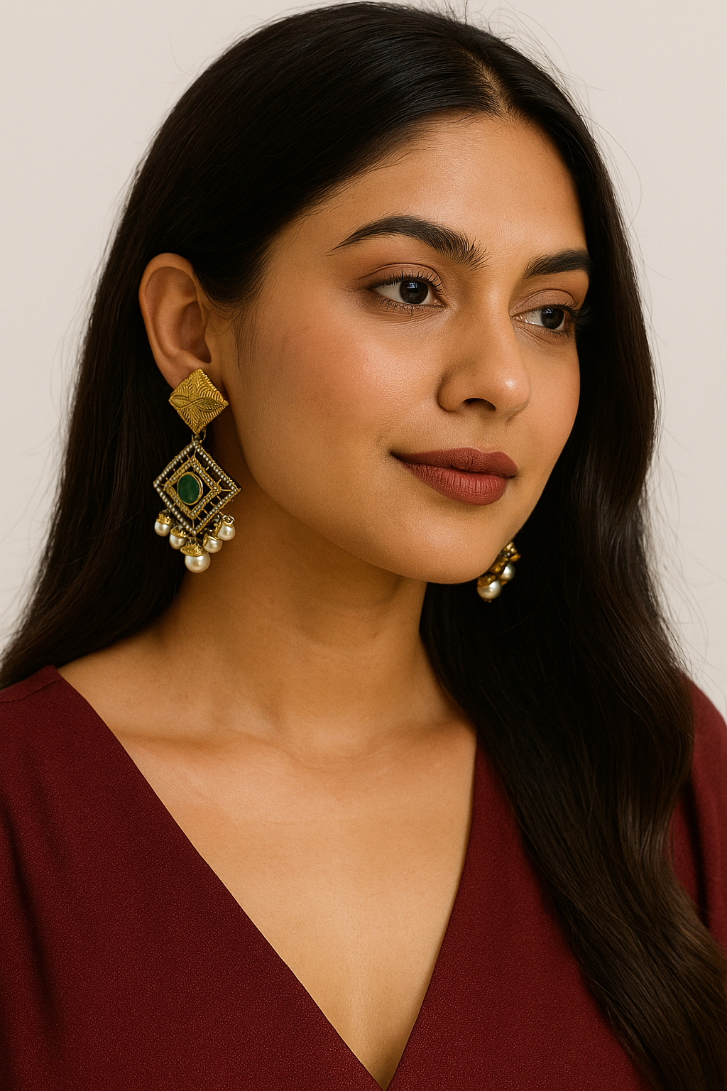 Antique Gold-Plated Kundan Earrings with Pearl Drops